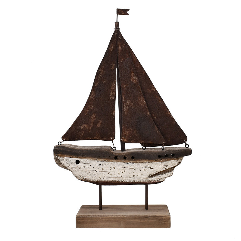 Breakwater Bay Nautical Wood Sailboat Tabletop Ornaments Handmade Rustic Wooden Boat Decoration